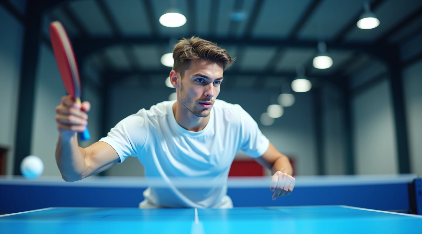 لاعب تنس طاولة في وضعية الإرسال مع مضرب وكرة